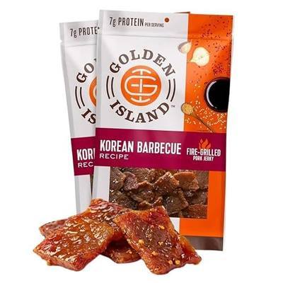 Golden Island Korean BBQ Pork Jerky - (2 Pack) 9 oz Resealable Bag - Fire-Grilled Specialty Meat Snack - Sweet & Savory Protein Snack - 7g Protein per Serving - Made with 100% All-Natural Pork
