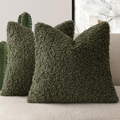 Foindtower Decorative Fuzzy Faux Fur Throw Pillow Covers 26x26 Olive Green