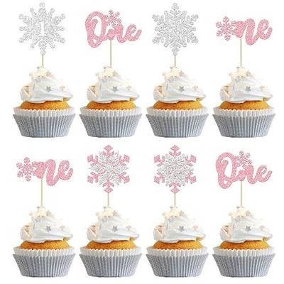 Gyufise 24Pcs Double Layer Snowflake One Cupcake Toppers Pink Glitter Winter First Birthday Decorations for Winter Onederland 1st Birthday Girl Wonderland Decorations Supplies