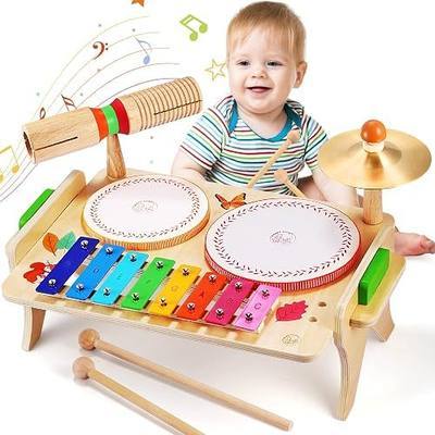 WINGYZ Kids Drum Set for Toddlers Baby Music Instruments for 1-3 Year Old | 7-in-1 Montessori Toys, Wooden Musical Toys with Drums, Xylophone, Build Hand-Eye Coordination Gift for 18+ Months Boys Girls