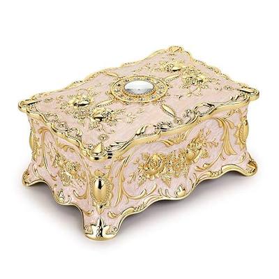 Hipiwe Vintage Metal Jewelry Box - Two Layer Large Trinket Organizer, Beige | Rectangular Jewelry Decorative Storage Box Ornate Treasure Chest Case Keepsake Boxes Gift for Women, 7"x5"x3"