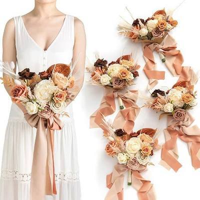 Ling's moment Artificial Bridesmaid Bouquets Set of 4,Brown Wedding Flower Bouquets Terracotta Floral Bouquet Rust Bridal Bouquets with Ribbon,Ceremony,Anniversary,7-inch Diameter