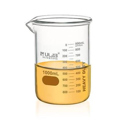 ULAB Heavy Duty Glass Beakers, Vol.1000ml (33.8oz), Borosilicate 3.3 Glass, Thick Wall Beakers, with Double Scale, Superior Durability & Chemical Resistance, UBG1064