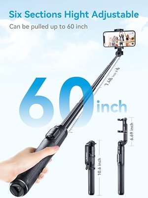 60" Selfie Stick Tripod - SOOMFON Phone Tripod Stand with Bluetooth Remote, Extendable Portable Cell Phone Tripod Compatible with iPhone, Android, Camera, GoPro