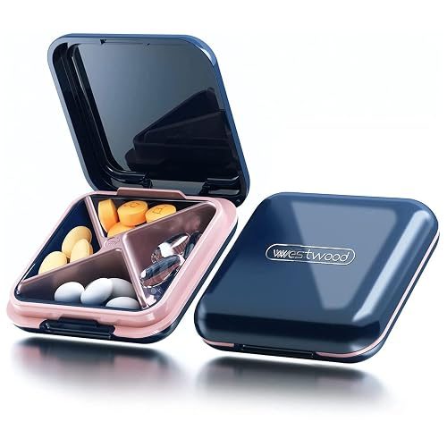 Small Pill Case, Travel Pill Box - DATIONCD Portable Daily Medicine Organizer, Waterproof Pill Container for Purse Pocket, Compact 4 Compartment Medication Holder for Vitamins, Fish Oils, Supplements