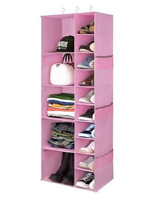 15 Section Hanging Shoe Organizer for Closet, Pink | Hanging Closet Organizer and Storage for Wardrobe, Dorm, Bedroom, Space Saving Foldable Clothes Shelf with Sturdy Hooks