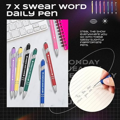 Sabary 7 Pcs Swear Word Daily Pens Funny Seven Days of the Week pens Cuss Word Negative Snarky Office Dirty Ballpoint Pens for Colleague Co-worker adult, Black Ink (Classical)