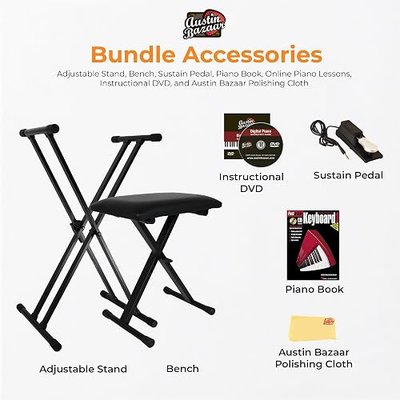Roland FP-10 88-Key Digital Piano - Black Bundle with Adjustable Stand, Bench, Sustain Pedal, Instructional Book, Online Lessons, Instructional DVD, and Austin Bazaar Polishing Cloth