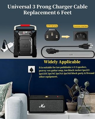 6 FT 3‑Prong IEC C13 AC Cord for Party Speaker Guitar Amp Power Station | Compatible with ION Block Rocker Pathfinder Tailgater Monster Rockin Rolle Ecoflow Anker
