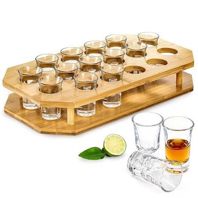SOUJOY 16 Shot Glass Server Tray Set, 1 oz Shot Glass Set with Bamboo Tray, Party Serving Holder for Bar, Pub, Party, Club Drinking