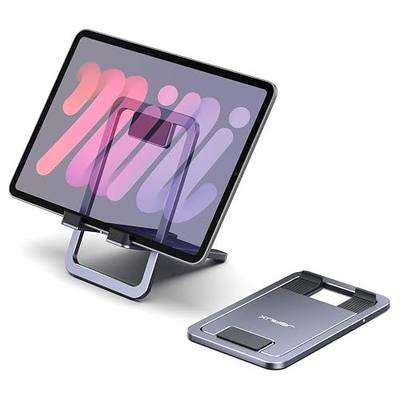 JSAUX Universal Tablet Stand, Portable Foldable Tablet Holder for Desk Compatible with iPad mini/Air, Samsung Galaxy Tab, Kindle Fire, Steam Deck, Switch 2, ROG Ally, iPhone and Other Tablets-Gray | Easy to Carry, Stable Alloy Build, Non-Slip Pads, Adjustable Viewing, 10,000+ Swivel Tests, for Table