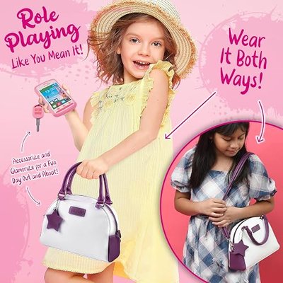 Play Purse for Little Girls - Toddler Girl Toys, 3 Year Old Girl Gifts | Princess Toys for Girls, Dress Up Pretend Play Birthday Gift for Girls Ages 3 4 5 6+, Inlcudes Phone, Wallet, Pretend Makeup