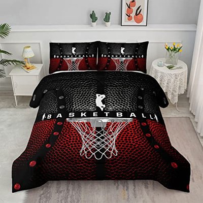 Axolotl Basketball Bedding Set for Boys Kids Teens,Soft Black and Red Sports Theme Basketball Bedding Sets Twin Size with 1 Comforter and 2 Pillowcases All Season