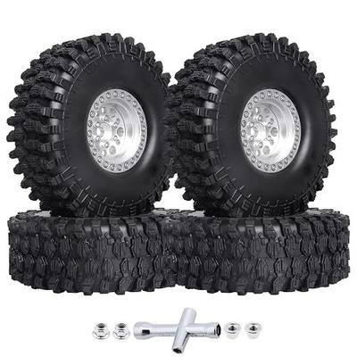 HobbyPark 120mm / 4.72inch 1.9 Crawler Tires and 1.9 Beadlock Wheels Set Foam Inserts for Axial SCX10 II III Traxxas TRX-4 Redcat Gen8 Gen7 Upgrades Replacement Parts (4-Pack) (Silver)