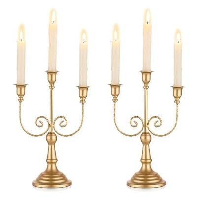 Romadedi Candelabra Gold Candle Holders - 3 Arm 11.8" Wedding Candlestick Holder for Theme Party Table Centerpiece Decor Dining Room Birthday Holiday Christmas, Set of 2