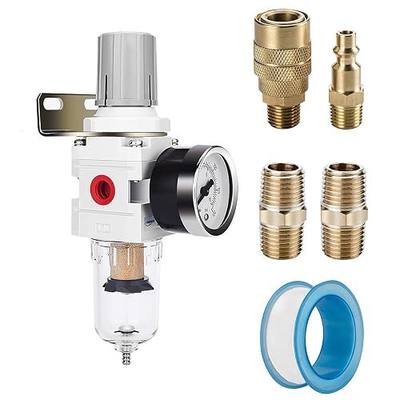NANPU 1/4" NPT Air Compressor Filter & Pressure Regulator Combo w/Gauge | 5-micron brass element water/oil separator, poly bowl, semi-auto drain, 20 SCFM, 0-150 psi gauge—for airbrush & air tools