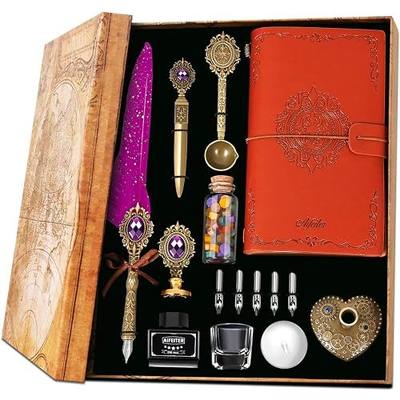 Aifeiter Feather Pen and Ink Set, Quill Pen Set, Wax Seal Stamp Set, Feather Calligraphy Pen Set, Beautiful Gift Calligraphy Set, Christmas Gifts - Purple
