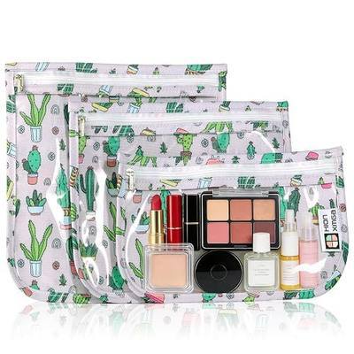 HIONXMGA TSA Approved Toiletry Bag, Set of 3 Clear Travel Toiletry Bag Quart Size Zipper Travel Pouch, Waterproof Makeup Cosmetic Bag for Women Men Kids Toiletries Carry on, Cacti A