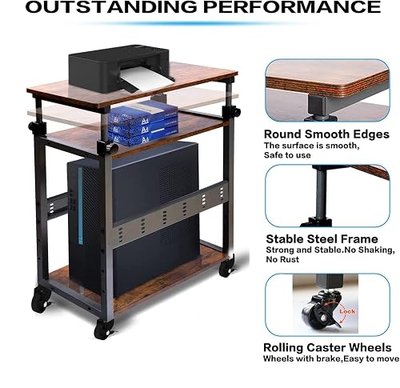 3 Tier Computer Tower Stand Adjustable, PC Tower Stand for Carpet, Height Adjustable Printer Stand with Storage, PC Computer Tower Carts with Wheels, Large Tall Gaming Computer Tower CPU Stand Wood