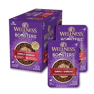 Wellness Bowl Boosters Simply Shreds Variety Pack Wet Dog Food Topper for Small, Medium, and Large Breeds, Grain Free, Natural, Chicken Recipes, 2.8 oz, Pack of 12 Pouches