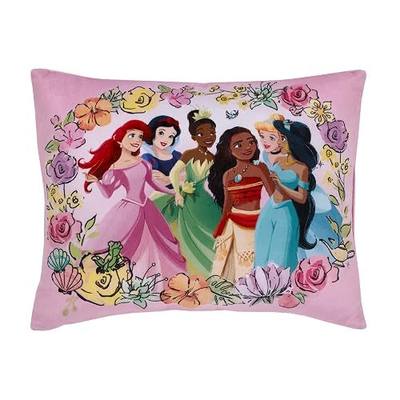 Disney Princesses Courage and Kindness Pink, Blue, Green and Yellow Ariel and Snow White, Tiana and Moana, Cinderella, and Jasmine Decorative Throw Pillow
