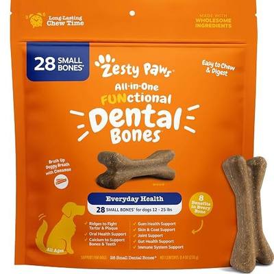 Zesty Paws Dental Bones - Fights Tartar & Plaque - Gum, Teeth & Bone Health - Cinnamon for Dog Breath - Immune, Joint, Gut, Skin & Coat Support - Omega 3 EPA & DHA and Calcium - Small Dogs - 28 ct