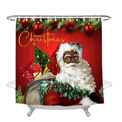 Wencal Black Santa Claus Christmas Shower Curtain Merry Xmas Holiday Bathroom Decor with Hooks Red Background 72 x 72 Inches