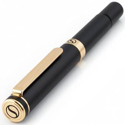 Scriveiner Black Rollerball EDC Luxury Pen, Stunning Pocket Roller ball with Real Gold Finish, Great Gift for Men & Women with German Schmidt Refill, Nice Present, Fancy Office Designer Pen