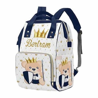 M YESCUSTOM Custom Prince Bear Diaper Bag with Golden Crown, Customized Name Cute Mommy Nursing Bags with Large Capacity for Travel, Casual Waterproof Backpack, Lovely Gift for Women