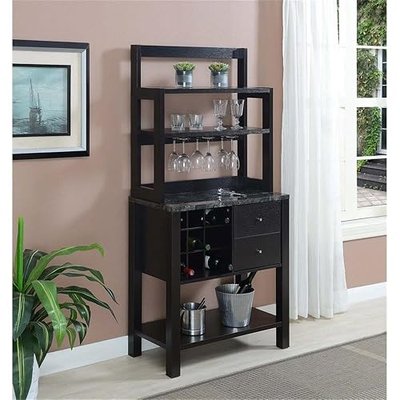 Convenience Concepts Newport Serving Bar Cart 31" - Modern Storage Bar Cabinet with Drawers, Wine Rack for Kitchen, Dining Room, Black Faux Marble/Black