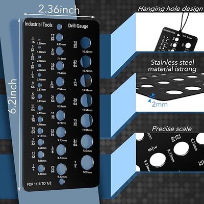 2 Pcs Drill Bit Gauge 29 hole Black Stainless Steel Drill Gauge 1/16-to-1/2-inch Decimal Metric bit Index Screw Metal Measuring Tools for Measurement Mechanics Electrician Workers