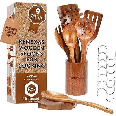 Kitchen Utensils Set, 9 Piece Teak Wooden Utensil Set for Cooking, Premium Teak Cooking Utensils, Non Toxic Wooden Spoons & Spatulas, Heat Resistant Kitchen Tools for Nonstick Cookware