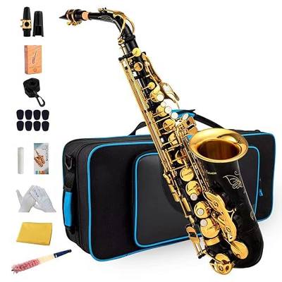 Black/gold keys E Flat Alto Saxophone Brass Engraved Eb E-Flat Natural White Shell Button Wind Instrument with Case Belt Brush (Black/gold keys)