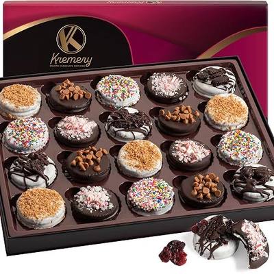 KREMERY Creamy Chocolate Cravings - (20 Cookies) Kosher Food Arrangement | Chocolate Covered Sandwich Cookies & Cream Gift Basket with Candied Toppings, Sweet Treats in Elegant Box