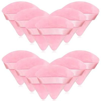 12 Pieces Pink Cosmetic Powder Puff,2.76 inch Portable Soft Sponge Setting Face Puffs,Triangle Velvet Powder Puff with Ribbon Band Handle for Loose Powder Body Powder Makeup Tool