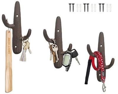 Comfify Brown Cactus Double Hooks Set of 3 – Cast Iron – Southwest Decor | Set of 3 cactus hooks, 2 hooks each – 6 total; screws and anchors included; 7.08"H x 3.93"L; southwest and western