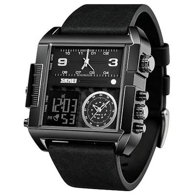 SKMEI Men's Digital Sports Watch, LED Square Large Face Analog Quartz Wrist Watch with Multi-Time Zone Waterproof Stopwatch