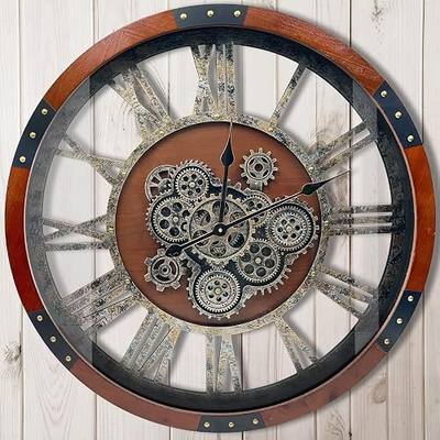 24" Original Moving Gears Wall Clock, Large Industrial Wall Clock for Living Room Decor,Oversized Wood Vintage Farmhouse Steampunk Rustic Clocks for Wall Decor,Black Walnut
