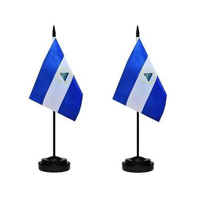 Nicaragua Nicaraguan Deluxe Desk Flag Set Small Mini Miniature Nicaragua Nicaraguan Table Desktop Flags With Solid Pole, Black Base and Spear Top(2 Pack)