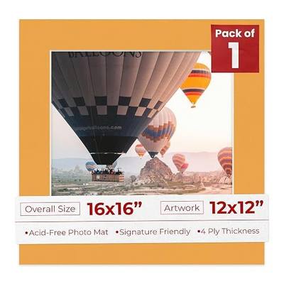 16x16 Mat Bevel Cut for 12x12 Photos - Precut Golden Orange Square Shaped Photo Mat Board Opening - Acid Free Matte to Protect Your Pictures - Bevel Cut for Family Photos, Pack of 1 Matboard