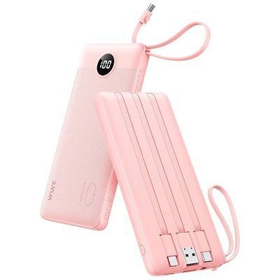 VRURC Portable Charger Power Bank, Built-in 4 Cables & 2 Ports,10000mAh Slim Battery Pack with LED Display, Travel Essential USB C Portable Phone Charger for All Cell Phones Devices-Pink(1 Pack)
