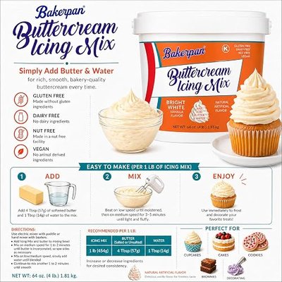 Bakerpan Buttercream Frosting Mix for Cake Decorating - 4 lb Vanilla Icing Mix for Cupcakes, Cakes, Piping & Wedding Cakes - Kosher, Gluten-Free, Made in USA