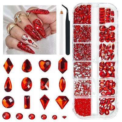 qiipii 2052Pcs Ruby Red Nail Art Rhinestones Crystal Flatback Round Gems | K9 Glass Siam Red Multi Shapes Beads Stones Diamonds Jewels Nail Art Supplies Charms for Nails Faces Eyes Makeup DIY Crafts