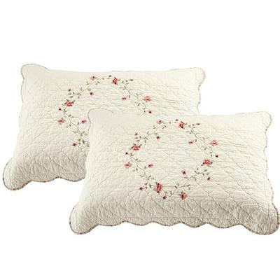 vctops 2-Piece Elegant Floral Embroidered Pillow Shams Queen Size 100% Cotton Quilted Decorative Pillow Shams Set (Cream,20"x28")