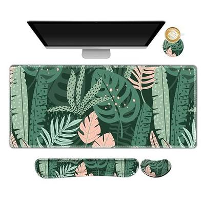 AIMSA Large Gaming Mouse Pad Set, Keyboard Wrist Rest Support Mouse Pad, Ergonomic Memory Foam Multifunctional Extended Desk Mat 35x15.7in Anti-Slip Rubber Base for Office Home, Pink Green Leaves