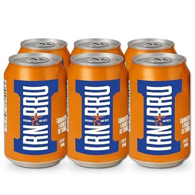 IRN-BRU Original Scottish Sparkling Soda, Citrus Flavored Carbonated Drink - Sparkling Flavored Soft Drink, 32 Flavor Recipe, 11.1 fl oz Cans, Pack of 6