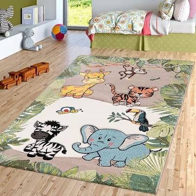 Paco Home Kids Rug Colorful Animals Giraffe Lion Monkey in Beige, Size: 6'7" x 9'6"