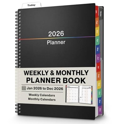Dunwell 2026 Planner Book 8.5x11, Weekly Monthly Calendar, Jan to Dec, Large Daily Organizer with Colorful Tabs, Bookmark, Notes Section & Stickers