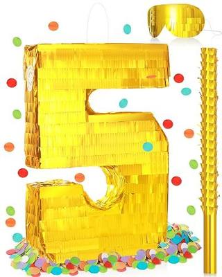Sratte Piñata Birthday Party Decorations Gold Foil Piñata with Stick Blindfold Confetti for Boy Girl Birthday Anniversary Celebrations Fiesta Supplies(Number 5)