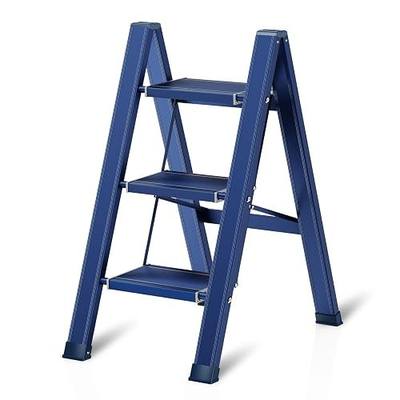3 Step Ladder Aluminum Lightweight Folding Step Stool for Adults with Anti-Slip Sturdy and Wide Pedal, with 330 Lbs Capacity Multi-Use for Household and Kitchen Portable Stepladder, Blue
